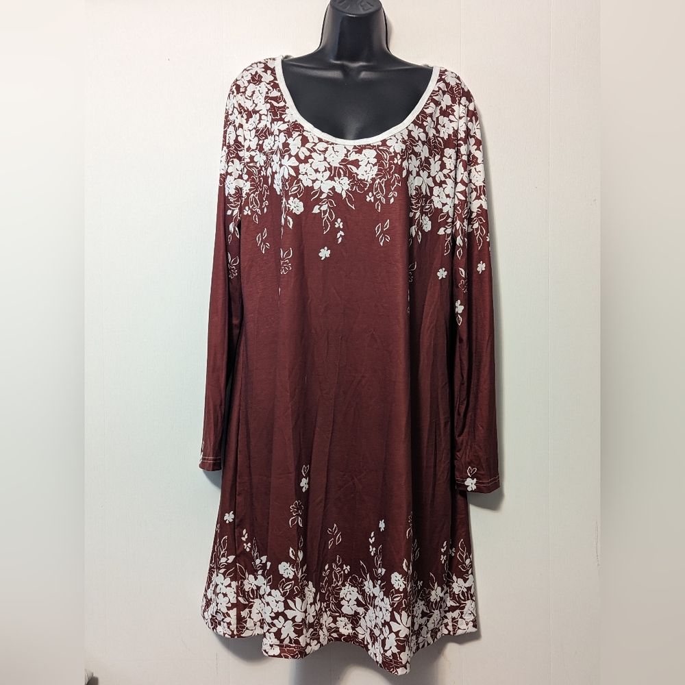 Women's Floral Print Round Neck Dress, Long Sleeve Dress Rust Color Size XXL
